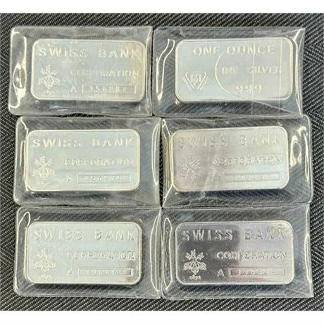 6 Swiss Bank One Ounce Fine Silver Bars